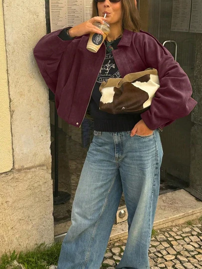 Women's Regular Faux Suede Long Sleeve Single-Breasted Loose Casual Jacket, Suitable For Spring Wear Women's Pocket Metal Button Short Military Green Jacket, Suitable For Spring And Autumn Wear