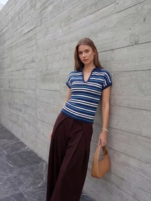 Striped Collar Elegant Casual Vacation V-Neck T-Shirt, Suitable For Beach, Daily, Street, Commute - Blue - View 2