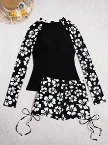 2pcs/Set New Arrival Hot Selling Long Sleeve Swimsuit With Board Shorts - Black and White - View 4