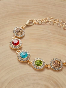 Glizzene 1 Pc Sparkling Round Rhinestones Inlaid Bracelet Zinc Alloy Jewelry Elegant Luxury Style For Women Wedding Hand Chain Wedding Wedding - Gold - View 2