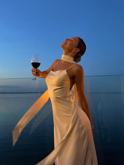 Elegant Backless Casual Sexy Date Vacation Wedding Chiffon Strap Dress, Suitable For Wedding, Vacation, Summer, Wedding Party