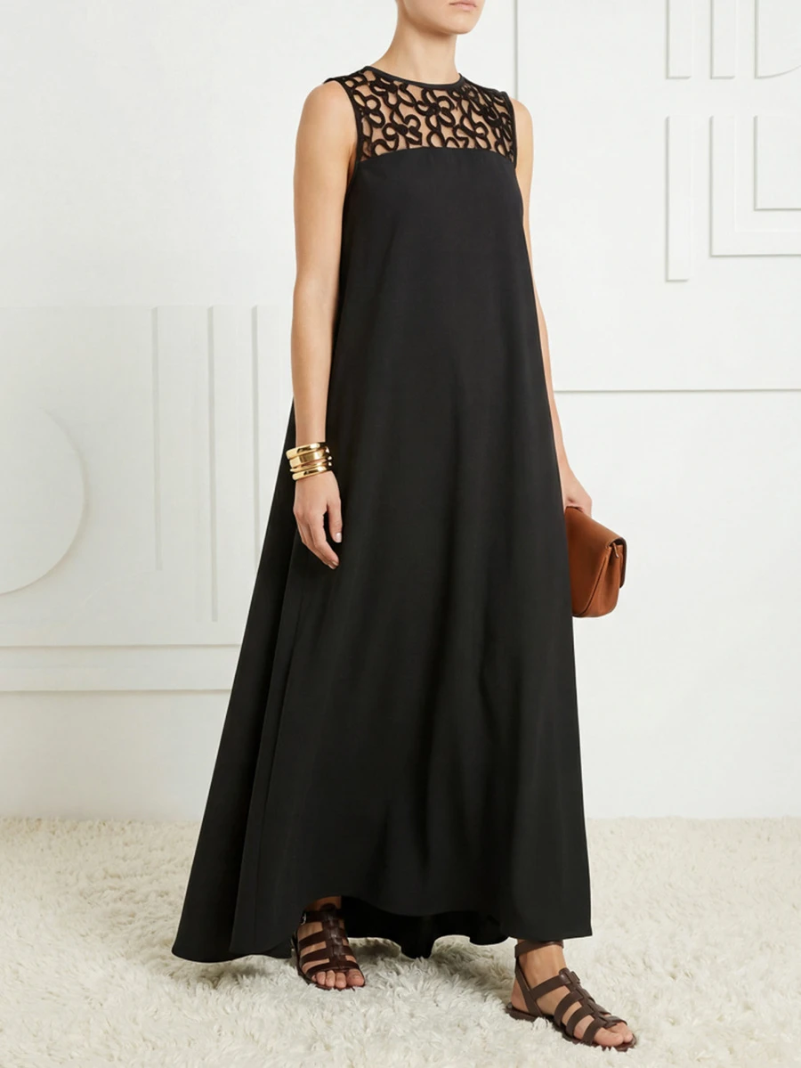 女士蕾丝拼接无袖宽松圆领晚礼服 - 随机裁剪黑色 - 黑色 - 查看 1