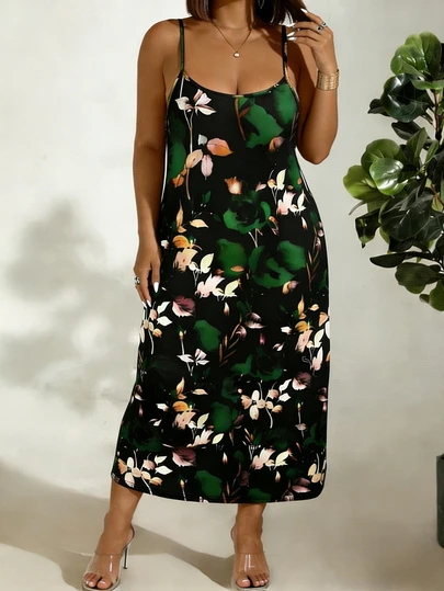 大码女式碎花吊带长裙，时尚休闲优雅假日婚礼派对连衣裙，春夏款