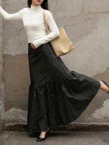 2025 时尚日报优雅街头通勤纯色拉链拼接女长裙，适合春、秋、冬季穿着，黑色 - 黑色 - 查看 5