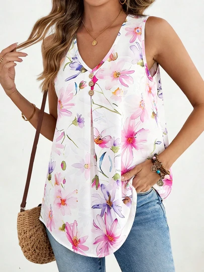 大码女式白色碎花休闲衬衫，优雅复古风夏季度假装