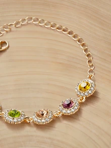 Glizzene 1 Pc Sparkling Round Rhinestones Inlaid Bracelet Zinc Alloy Jewelry Elegant Luxury Style For Women Wedding Hand Chain Wedding Wedding - Gold - View 3