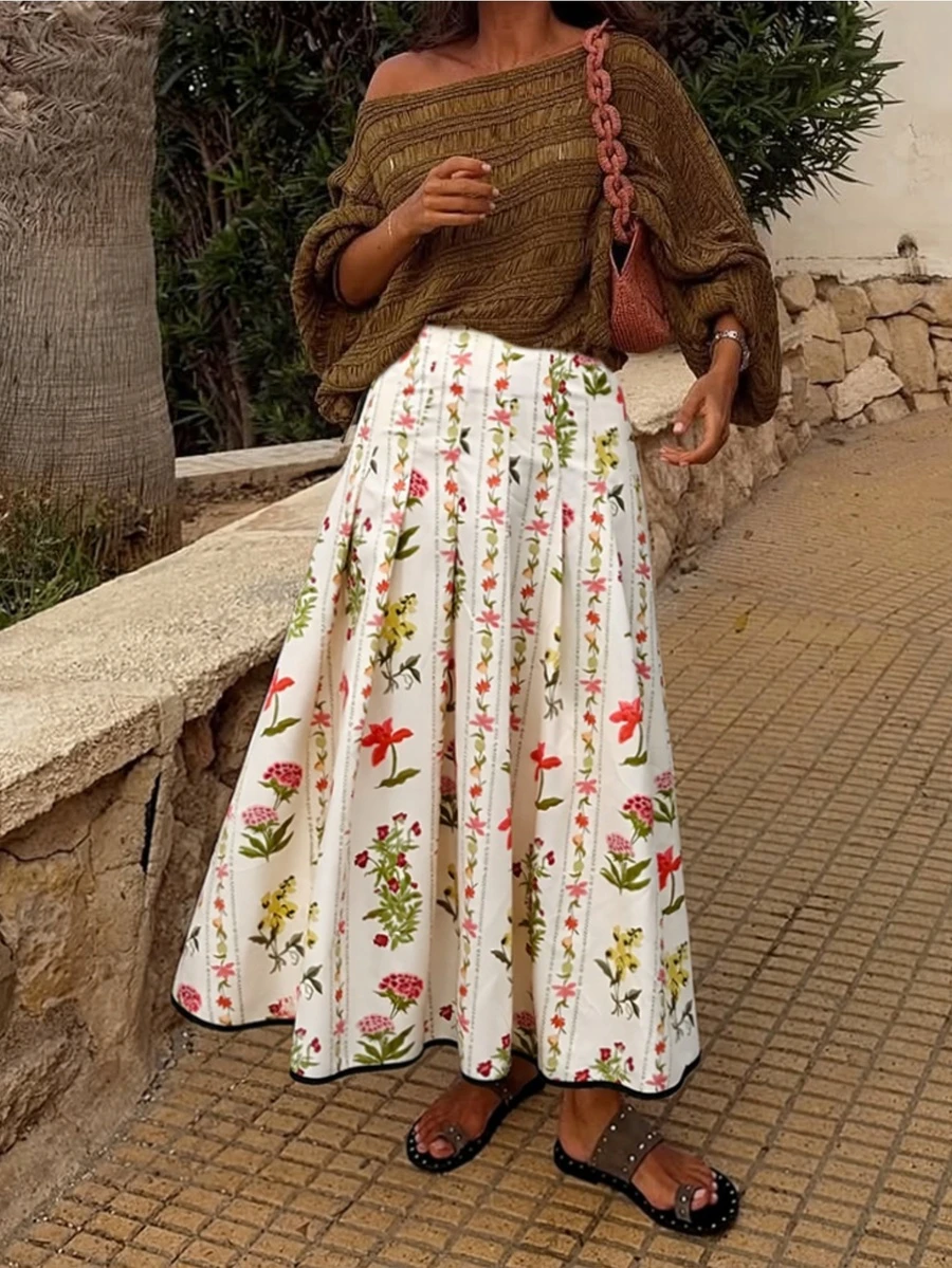 Women's New Elegant Casual Commute Daily Ditsy Floral Pleated Long Skirt - Pleated, Ditsy Floral, Long Length, Contrast Binding Hem, Thin Stiff Woven Skirt Summer - Pale Yellow - View 1