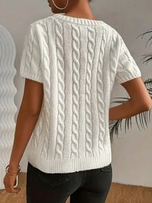 Women's Casual Round Neck Short Sleeve Knit Sweater Top - White - View 2