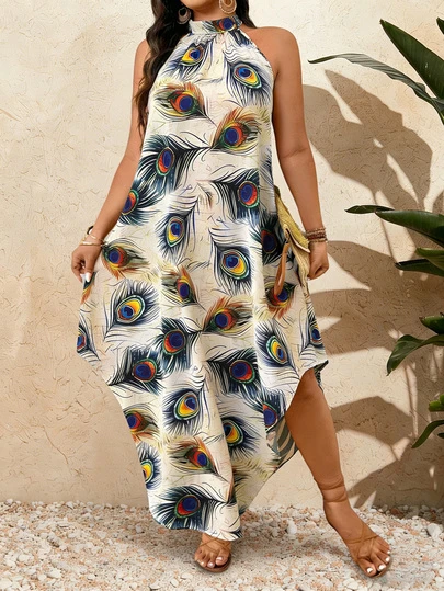 2026 Spring/Summer Plus Size Peacock Feather Print Maxi Dress, Women Sleeveless Asymmetric Hem Halter Neck Casual Elegant Vacation Beach Dress