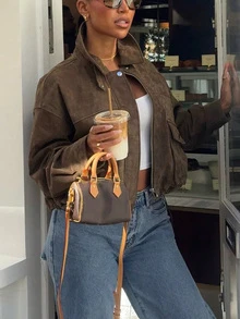 女士外套，时尚翻领长袖宽松外套，复古女士外套，独特衬衫，常规款合成麂皮长袖拉链宽松休闲外套，适合春季穿着 - 摩卡棕 - 查看 2