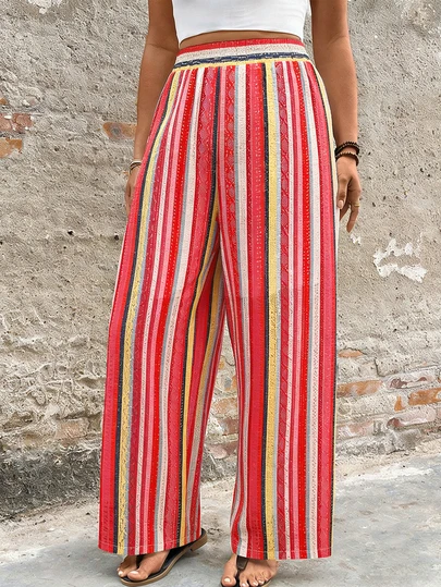 Rainbow Striped Hollow Out Wide Leg Pants, Women High Waist Flowy Breathable Beach Holiday Trousers