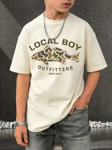 1pc Tween Boy Casual Printed Short Sleeve T-Shirt, Summer Top For Young Male Students - Apricot - View 4