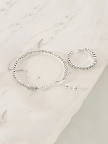 Clariva Classic Rhinestone Jewelry Set: Rhinestone Collar Necklace, Bracelet, Earrings And Choker Necklace. 3 Pieces Set. - Silver - View 4