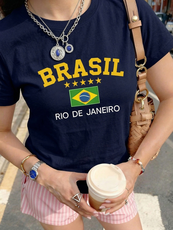 Brazil Rio De Janeiro Five-Star National Flag Pattern Round Neck T-Shirt - Essential Streetwear For World Cup Fever | Retro Campus Style T-Shirt With Bold Yellow Letters And Iconic Brazilian Flag Details