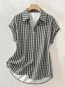 Summer Fashion Plaid Single-Breasted Drop Shoulder Short Sleeve Shirt, Polyester Contrast Color Front Button, Suitable For Spring, Summer, Autumn, Versatile For All Occasions - Black and White - View 2
