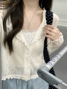 短袖开衫，轻薄镂空针织女式毛衣，休闲甜美风格，荷叶边装饰，春夏款 - 杏色 - 查看 2