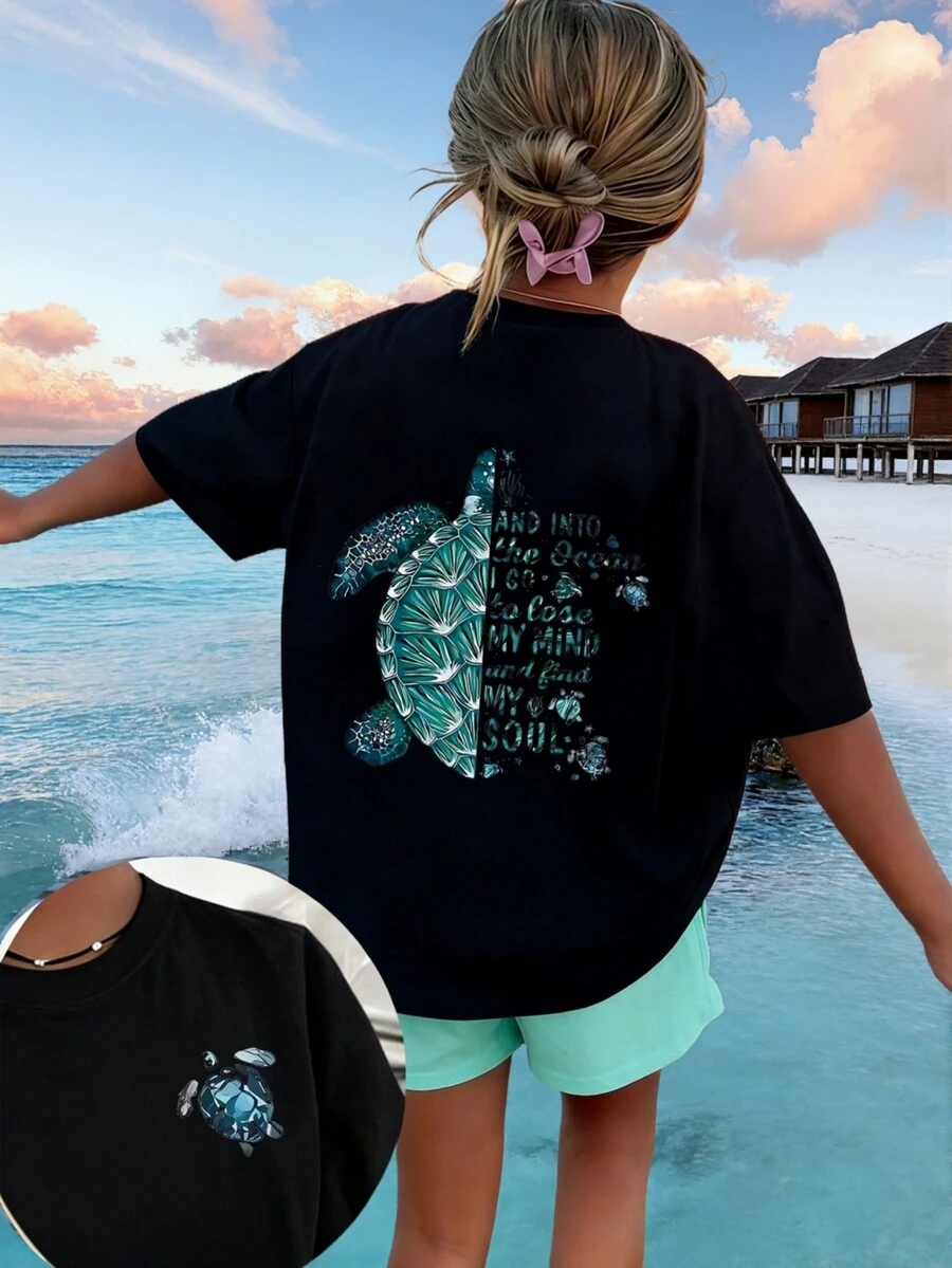 1pc Tween Girls' Printed Pullover Short Sleeve T-Shirt, Comfortable & Fashionable Summer Top For Young Students - Black - View 1