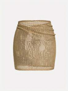 Women's Casual Hollow Out Slit Waist Belt Fitted Knit Skirt, Fashionable Summer Outfit - Khaki - View 2