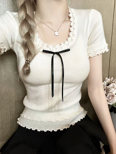 双层蝴蝶结饰边短袖 T 恤，女式圣诞街头时尚夏季新款针织上衣