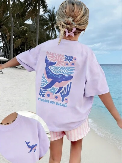 1pc Girls Printed Short Sleeve T-Shirt, Comfortable & Fashionable Summer Top For Young Students