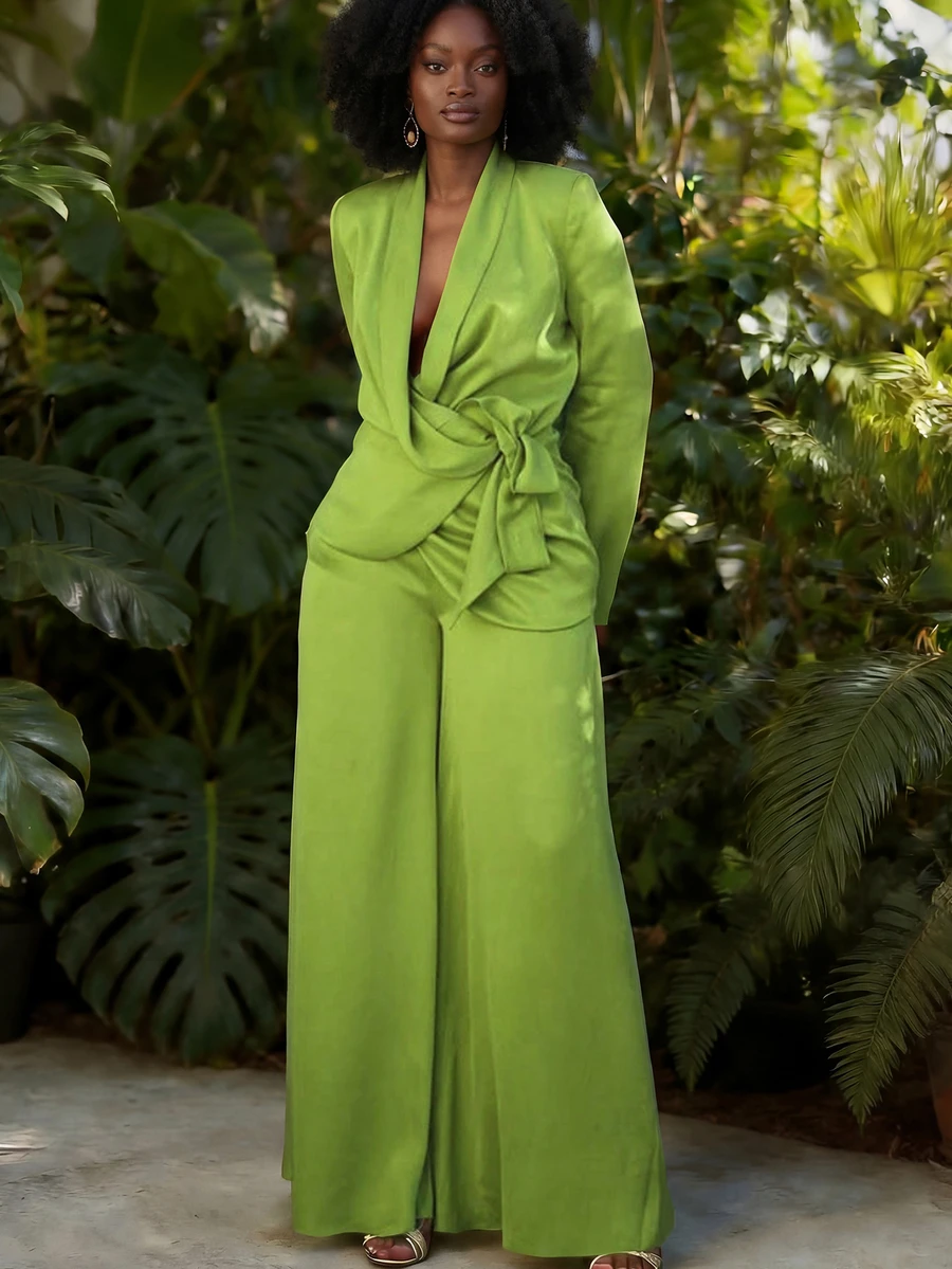 Cinturón elegante de unicolor con cremallera y nudo en la cintura, adecuado para bodas, citas nocturnas y primavera - Verde - Ver 1
