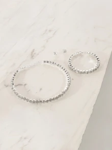 Clariva Classic Rhinestone Jewelry Set: Rhinestone Collar Necklace, Bracelet, Earrings And Choker Necklace. 3 Pieces Set. - Silver - View 2