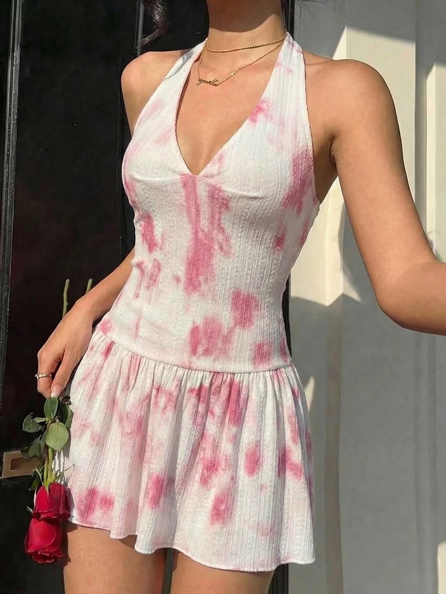 Vestido de cuello halter con estampado de estilo vacacional, vestido de punto con espalda descubierta sexy para mujeres en verano