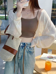 米色薄纱针织开衫 - 优雅简约休闲街头Y2K风格长袖开襟宽松短款女式针织开衫 | 适合年轻女士、女士、甜美女孩、Y2K女孩和时尚达人，完美适用于情人节/妇女节/母亲节/休闲聚会/海滩度假/派对/返校季/婚礼季/音乐节/2026年春季可爱薄纱针织开衫 - 杏色 - 查看 2