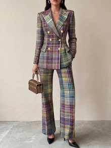 Plaid Shiny Checkered Front Button Pocket Double Breasted Casual/Loungewear - Hot Pink - View 1