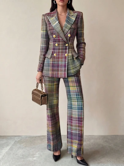 Plaid Shiny Checkered Front Button Pocket Double Breasted Casual/Loungewear