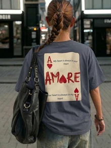 夏季休闲爱心标语印花短袖T恤 - 深灰色 - 查看 1