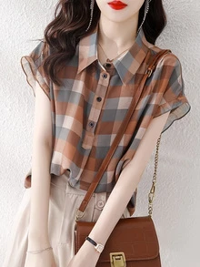 YUXIN Chiffon Short Sleeve Shirt For Women, Summer, Loose Design Plaid Print Blouse - Coffee Brown - View 2