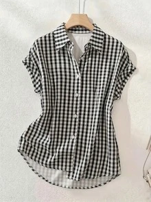 Summer Fashion Plaid Single-Breasted Drop Shoulder Short Sleeve Shirt, Polyester Contrast Color Front Button, Suitable For Spring, Summer, Autumn, Versatile For All Occasions - Black and White - View 5