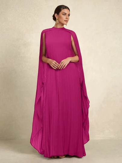 Women's Solid Color Poncho Sleeve Pleated Design Loose Elegant Dress Spring