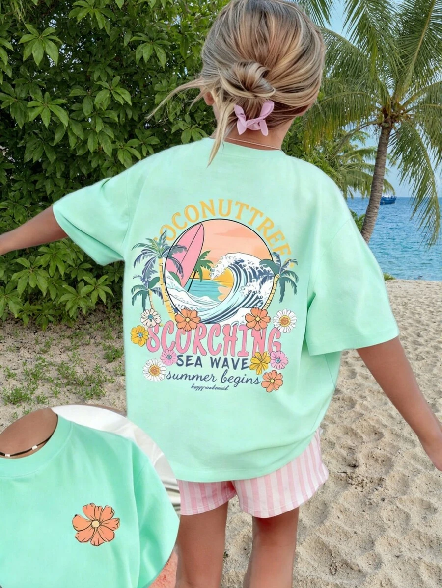 1pc Tropical Print Pullover Short Sleeve T-Shirt For Tween Girls, Comfortable & Fashionable Summer Top For Young Students - Mint Green - View 1