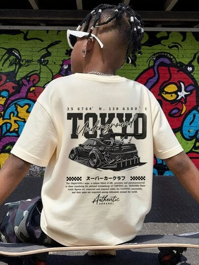 1pc Car Printed Short Sleeve T-Shirt Suitable For Tween Boys Summer Top For Young Students And Youth