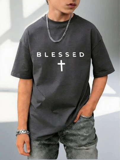 1 pieza Camiseta de manga corta con estampado gráfico informal para niño preadolescente, top de verano para estudiantes jóvenes