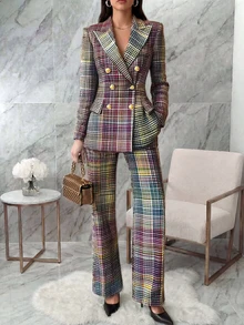 Plaid Shiny Checkered Front Button Pocket Double Breasted Casual/Loungewear - Hot Pink - View 2