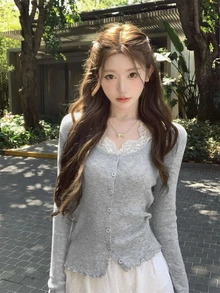 Women's Grey Lace Patchwork Backless Knit Cardigan, Spring/Summer New Arrival, Slim Fit Flattering Design, Long Sleeve Lightweight Sweater - Grey - View 1