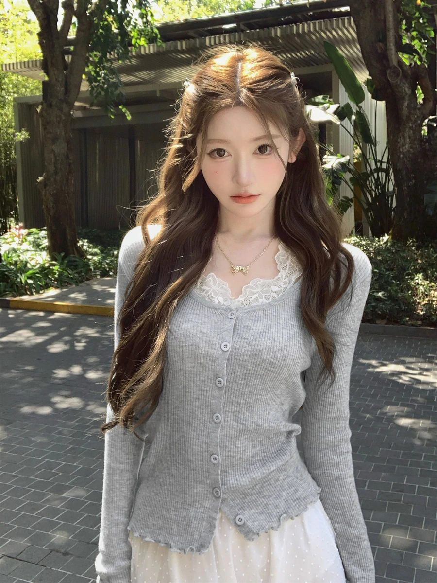 Women's Grey Lace Patchwork Backless Knit Cardigan, Spring/Summer New Arrival, Slim Fit Flattering Design, Long Sleeve Lightweight Sweater - Grey - View 1