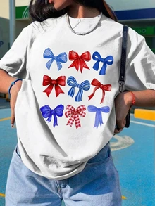 Patriotic Red White Blue Bow Graphic Round Neck T-Shirt - Viral Cute Aesthetic Must-Have, Suitable For July 4th Celebration, Capturing American Holiday Joy And Bow Fashion Ultimate Viral Item - White - View 6