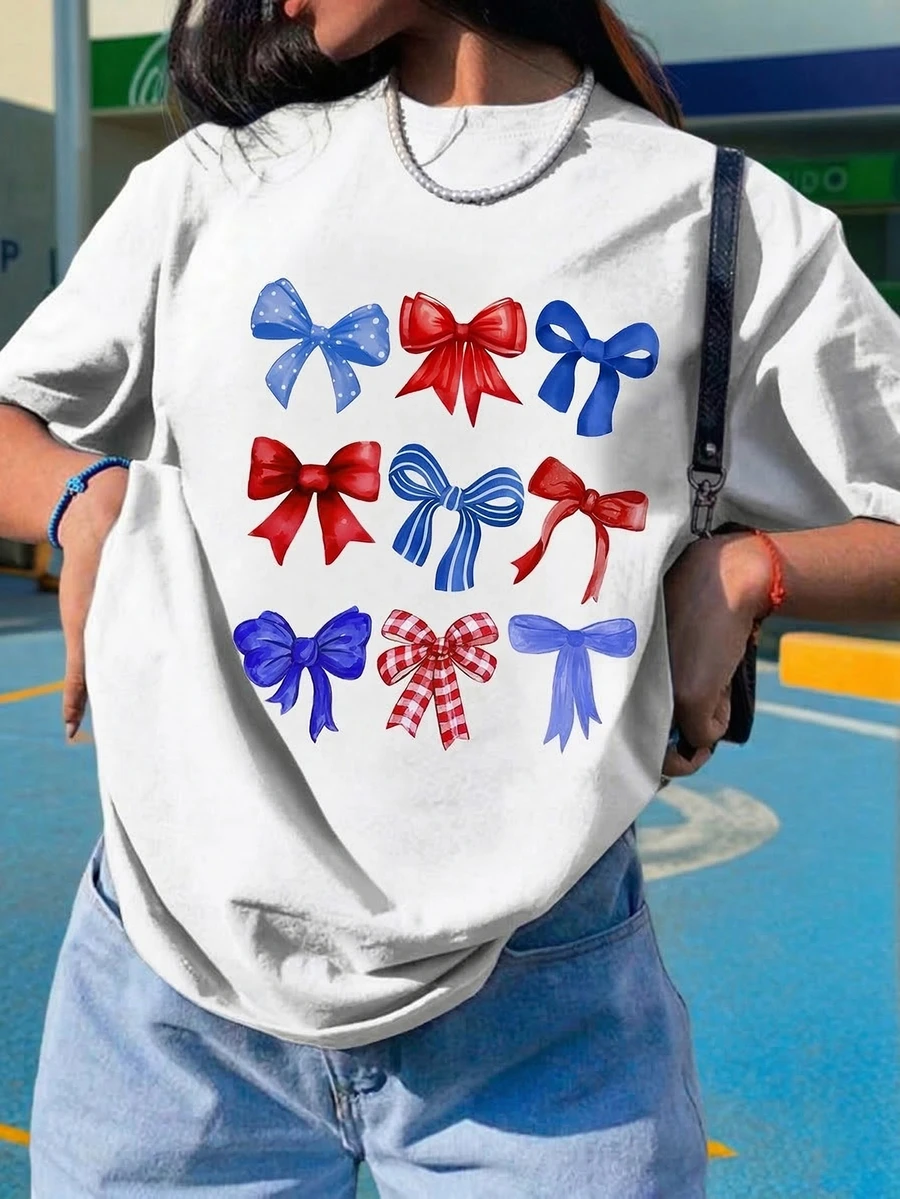 Patriotic Red White Blue Bow Graphic Round Neck T-Shirt - Viral Cute Aesthetic Must-Have, Suitable For July 4th Celebration, Capturing American Holiday Joy And Bow Fashion Ultimate Viral Item - White - View 1