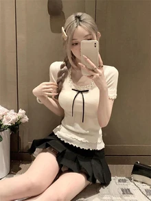 双层蝴蝶结饰边短袖 T 恤，女式圣诞街头时尚夏季新款针织上衣 - 杏色 - 查看 2