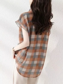 YUXIN Chiffon Short Sleeve Shirt For Women, Summer, Loose Design Plaid Print Blouse - Coffee Brown - View 3