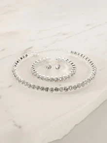 Clariva Classic Rhinestone Jewelry Set: Rhinestone Collar Necklace, Bracelet, Earrings And Choker Necklace. 3 Pieces Set. - Silver - View 3