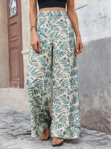 Plus Size Women's High Waist Floral Chiffon Wide Leg Loose Flowy Pants Spring - Green - View 1