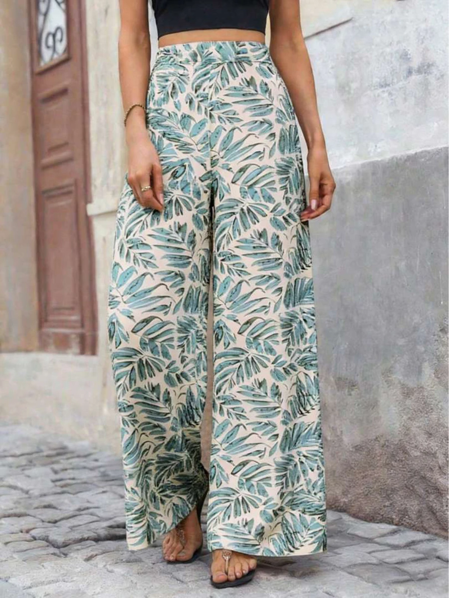 Plus Size Women's High Waist Floral Chiffon Wide Leg Loose Flowy Pants Spring - Green - View 1