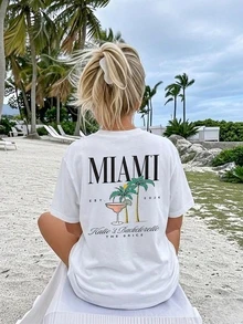 热带印花短袖T恤，休闲度假装 - 白色 - 查看 1