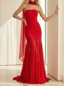 优雅红色无袖网纱装饰浪漫派对长裙，女士款，采用略带弹性的聚酯纤维面料，适合婚礼和春季穿着。 - 紅色 - 查看 3