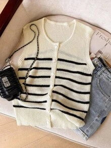 Women's Casual Elegant Striped Round Neck Button Sleeveless Knit Cardigan Top - Apricot - View 1